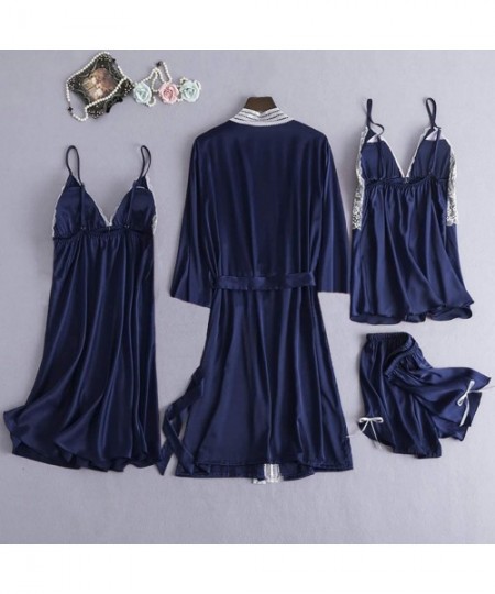 Thermal Underwear 4PC Women Satin Lace Simulation Silk Camisole Bowknot Short Nightdress Robe Pajamas Lingerie S-3XL - Navy -...