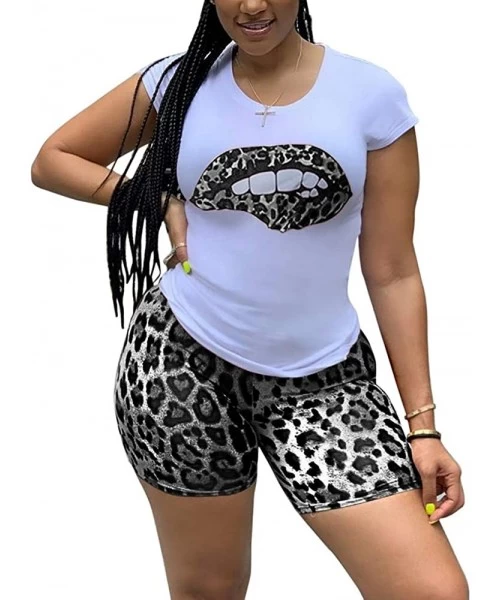 Sets Women Yoga 2 Piece Biker Short Outfits Round Neck Sweatshirt + Leopard Print Shorts Jogger Suit Summer Outfits 30white -...