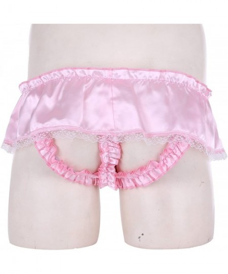Briefs Men's Satin Ruffled Crossdresser Panties Mini Skirted Sissy Floral Lace Jockstrap Underwear - Pink - CE18EWISMKX