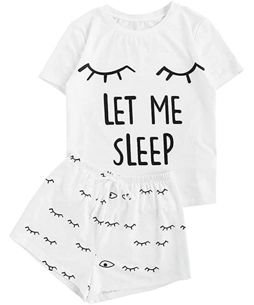 Sets Women's Sleepwear Round Neck Short Sleeve Closed Eyes Print Tee and Shorts Pajama Set - White - CI190MEZQIR