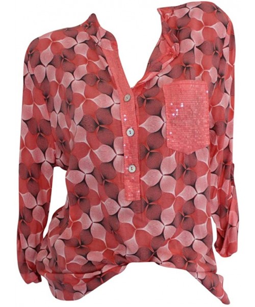 Thermal Underwear Blouse for Women Floral Printed Button T-Shirt Chiffon Irregular Hem Top - C Orange - C618SH69YQG