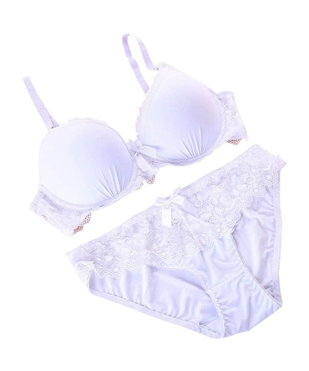 Bras Women Lace Bow Knot Bra Set Push Up Bra with Underwire Panties Outfit - White - CD18C99ZTZC