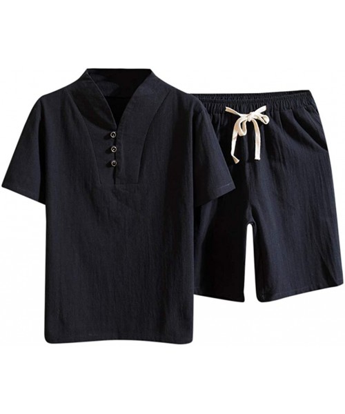 Shapewear Men's Cotton Linen Sets Fashion Casual Comfortable Short Sleeve Shorts Suit - D Black - CC195H3W7Z3