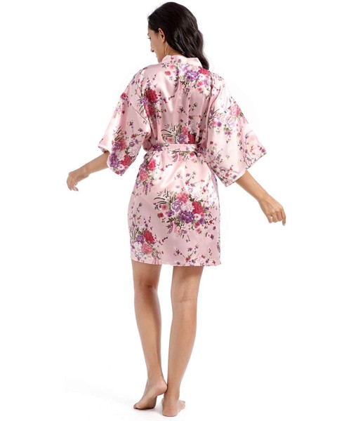 Robes Women's Short Sleep Robe Kimono Robe- Floral Satin Robe Daffodils Print Bathrobe- Nightwear - Pink - CE1989ZGK08