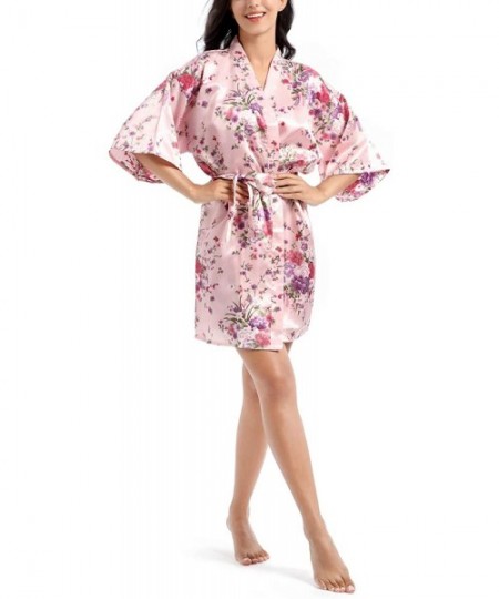 Robes Women's Short Sleep Robe Kimono Robe- Floral Satin Robe Daffodils Print Bathrobe- Nightwear - Pink - CE1989ZGK08