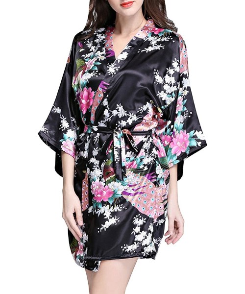 Robes Women's Short Kimono Robes Satin Dressing Gown Nightgown Kimono Bathrobe - Black - CU18D3TAH2R