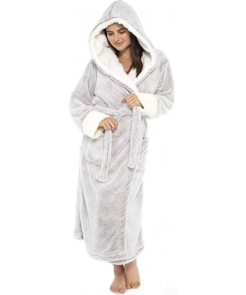 Robes Women's Sherpa Flannel Robes Hoodie Sleepwear Soft Plush Fleece Bathrobes - Grey - CM19DC2ETYD