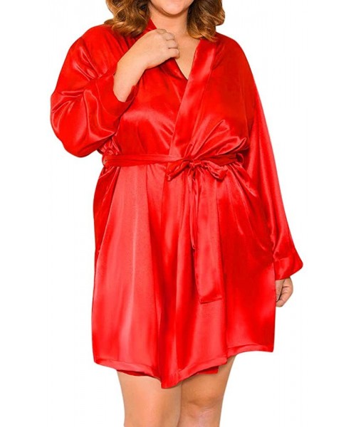 Baby Dolls & Chemises Sexy Lingerie Women Plus Size Silk Lace Robe Dress Babydoll Nightdress Nightgown Floral Sleepwear - Red...
