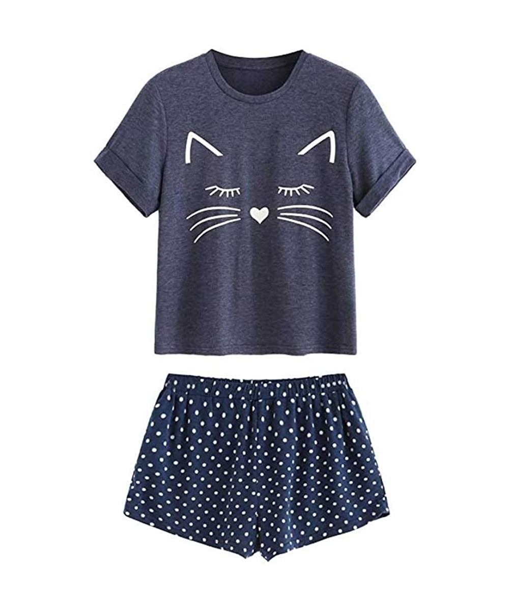 Sets Summer Pajamas for Women 2 Piece Kitty Cat Print Ruffles Short Sleeve & Shorts Set Sleepwear Pajama Set - Navy - CS18NX4...