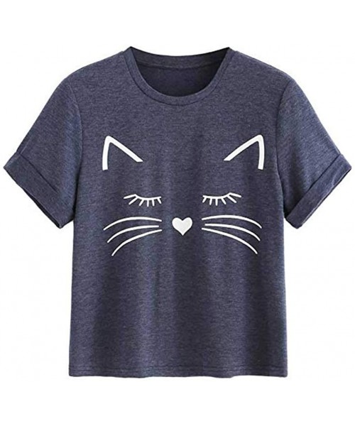 Sets Summer Pajamas for Women 2 Piece Kitty Cat Print Ruffles Short Sleeve & Shorts Set Sleepwear Pajama Set - Navy - CS18NX4...