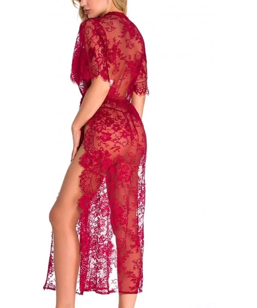 Nightgowns & Sleepshirts Women Lingerie Sexy Long Lace Dress Deep V Babydoll Nightgown - Wine Red - C618TE5IIKC