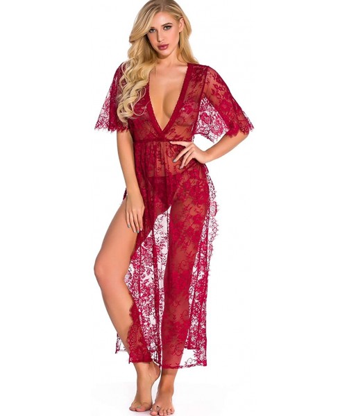Nightgowns & Sleepshirts Women Lingerie Sexy Long Lace Dress Deep V Babydoll Nightgown - Wine Red - C618TE5IIKC