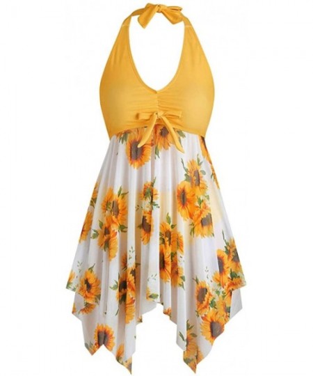 Thermal Underwear Womens Two Piece Halter Sunflower Print Split Two Piece Swimsuit Plus Size Swimsuit Tankini Sets Skirt Swim...