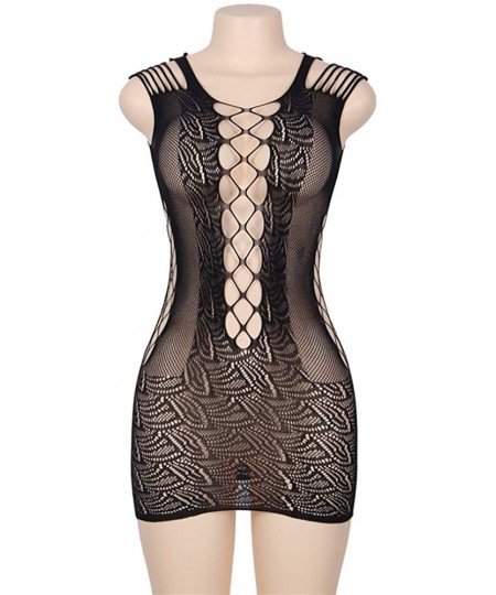 Nightgowns & Sleepshirts Plus Size Women's Floral Lace Fishnet Cut-Out Mini Dress Lingerie Set - Black-1 - C319DYI3R39
