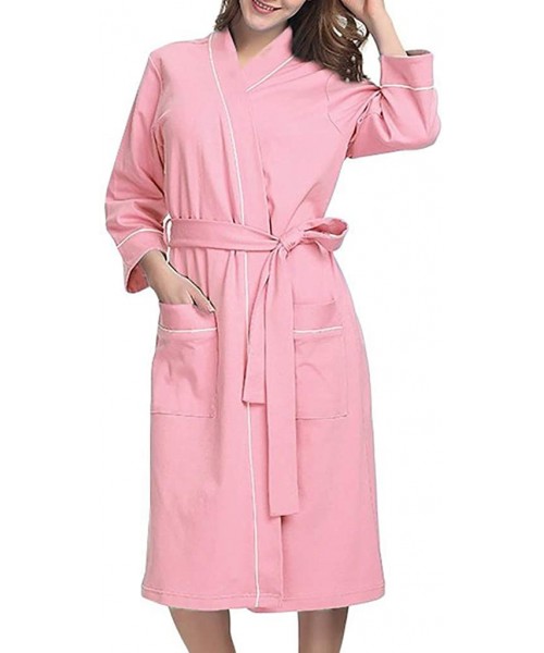 Robes Women Solid Color Cotton Pajamas Bathrobe with Belt Nightgown Lingerie - Pink - CU18T35RD4G