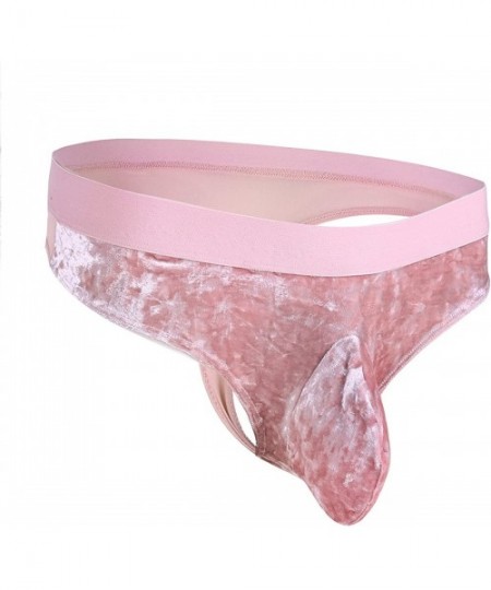 Briefs Men's Velvet Underwear Sexy Mesh Low Rise Bikini Briefs Sissy Pouch Panties Jockstraps - Pink - C918KHYTHHD