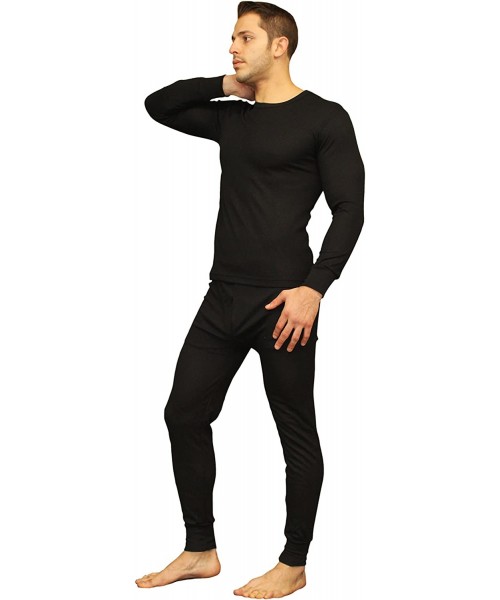 Thermal Underwear Men's Soft 100% Cotton Waffle Thermal Underwear Long Johns Sets - Black - C712035A7J1