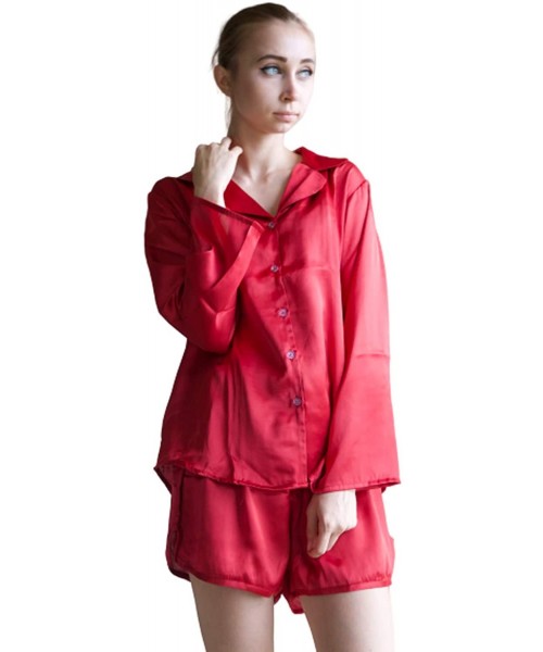 Sets Women's Satin Silk Pj Sets Long Sleeved with Shorts - Red - CS192Z47DMK