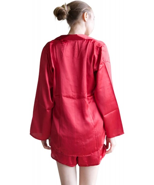 Sets Women's Satin Silk Pj Sets Long Sleeved with Shorts - Red - CS192Z47DMK