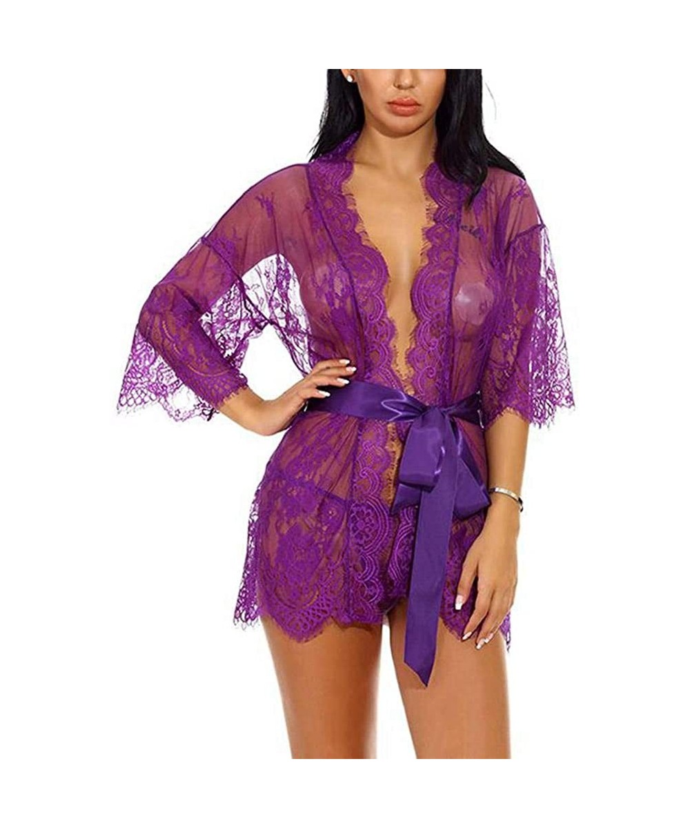 Baby Dolls & Chemises Women's Lace Kimono Robe Babydoll Lingerie Mesh Nightgown Sexy Sleepwear Dress - Purple - CU19DHMCUH6