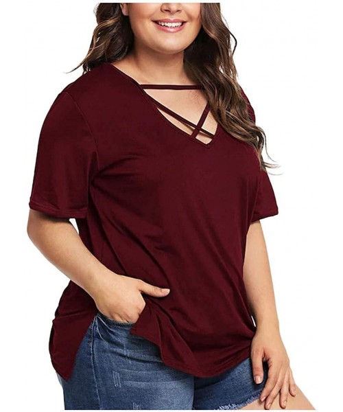 Thermal Underwear Women Criss Cross Hollow Out T Shirts Plus Size Solid Summer Short Sleeve Blouses Top - Wine - CY197N9H7Z3