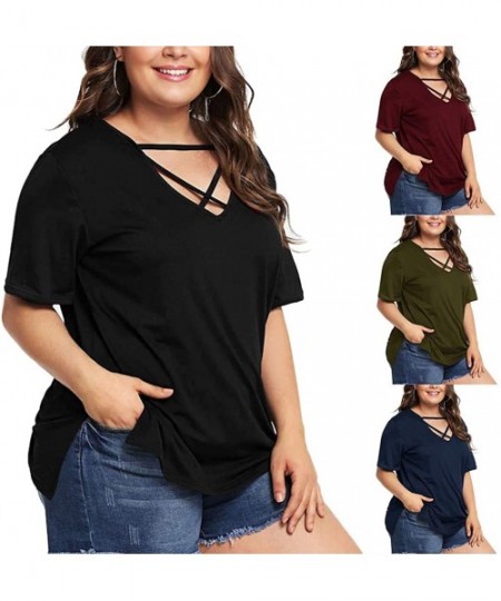 Thermal Underwear Women Criss Cross Hollow Out T Shirts Plus Size Solid Summer Short Sleeve Blouses Top - Wine - CY197N9H7Z3