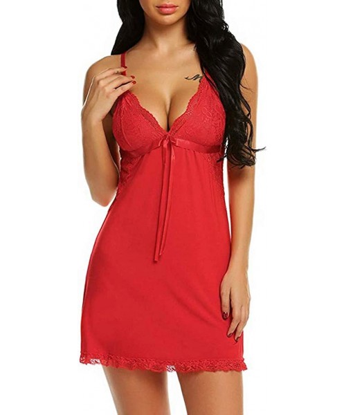 Tops Pajamas Set Women Nightwear Comfy Sexy-Lingerie Sleepwear Lace Up Nightgown - Red - CS18U4D389D