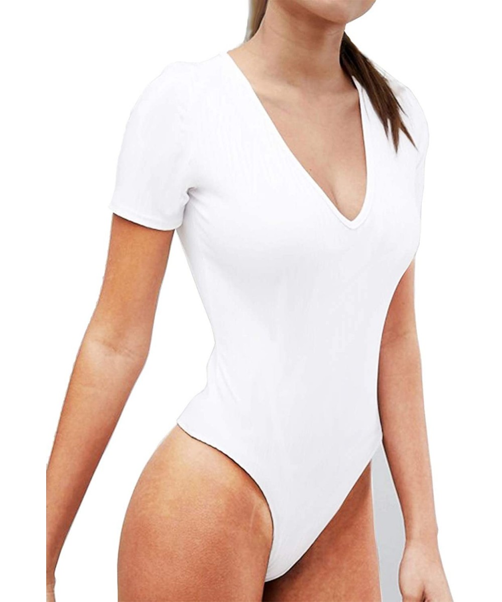 Shapewear Women's Sexy V-Neck Short Sleeve Bodysuits Jumpsuits - White - CW18S50WHMZ