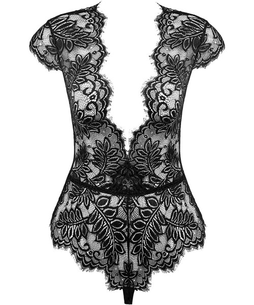 Baby Dolls & Chemises Womens Eyelash Lace Teddy Sexy Plunging One Piece Lingerie Small-3xl - Snapcrotch_black - CF18OWKUWOK