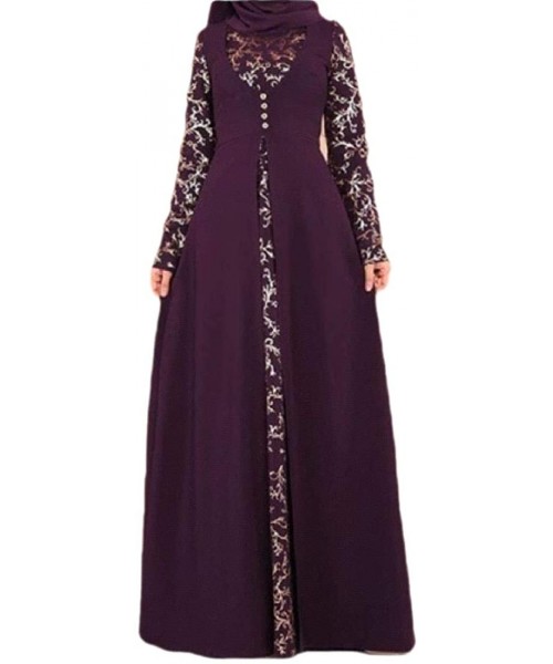 Robes Womens Muslim Islamic Kaftan Abaya Party Robes Dress Lace Long Sleeve Maxi Dress - 1 - CI19CK2SMCR