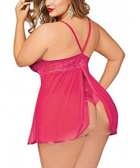 Baby Dolls & Chemises Women Sexy Lingerie Open Back Plus Size Lingerie Lace Babydoll Sleepwear - Hot Pink - CF18DSMDO6R