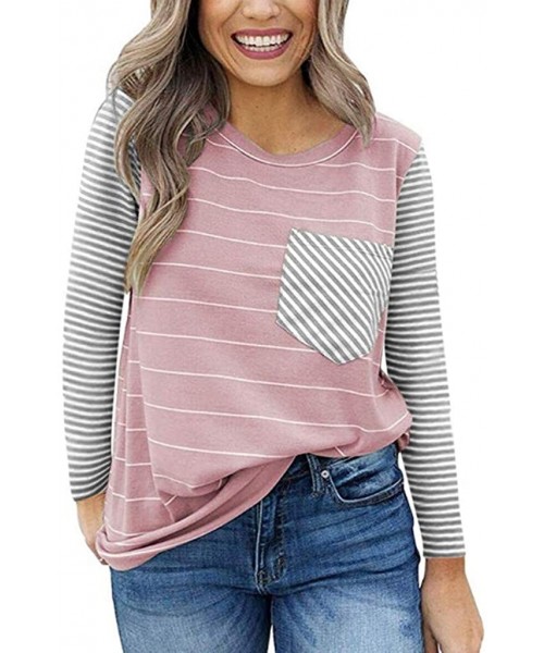 Thermal Underwear Women Striped Pocket Decoration T-Shirt Long Sleeve O-Neck Loose Top - Pink - CN18X298R80