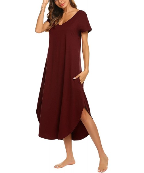 Nightgowns & Sleepshirts Women's Sleepwear Casual V Neck Nightshirts Short Sleeve Long Nightgown Pockets Loungewear - Wine Re...