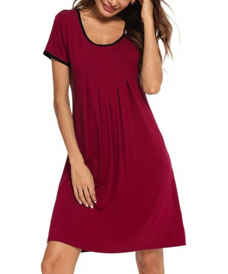 Nightgowns & Sleepshirts Women's Sleepwear Short Sleeve Nightdress Soft Sleep Dress Pleated Scoopneck Nightshirt - Wine Red -...