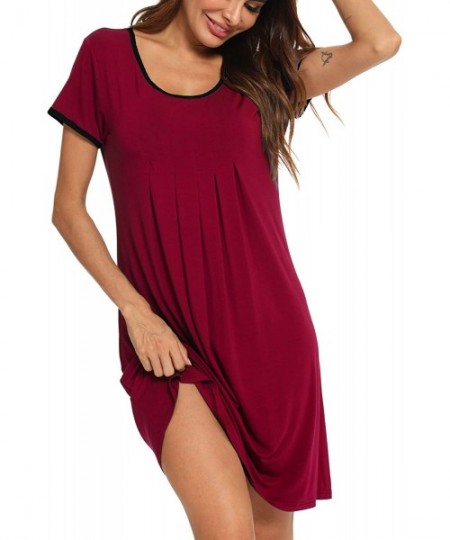 Nightgowns & Sleepshirts Women's Sleepwear Short Sleeve Nightdress Soft Sleep Dress Pleated Scoopneck Nightshirt - Wine Red -...