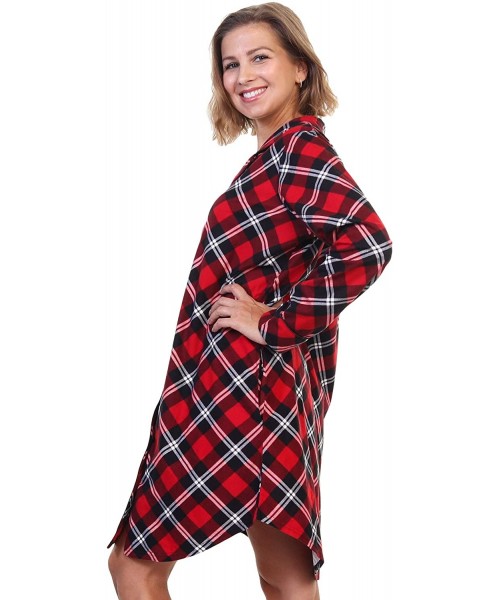 Nightgowns & Sleepshirts Women's Soft and Comfy Button Down Sleep Shirt Dress Nightgown - Flannel Black and Red Checker - C31...