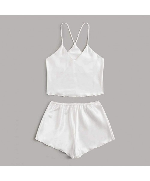 Sets Women Sexy-Lingerie Sleepwear Satin Silk Shorts Babydoll V-Neck Cami Top Nightwear Pajamas Set - White - CR19COUGYS2
