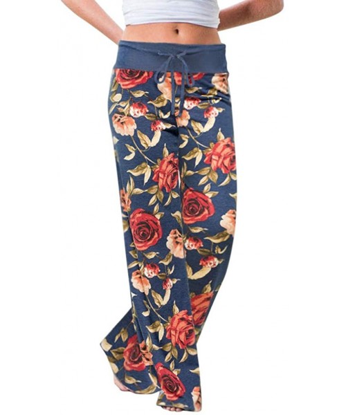 Bottoms Comfy Casual Pajama Pants for Women Floral Print Drawstring Palazzo Lounge Pants Wide Leg Pj Bottoms Pants M blue - C...
