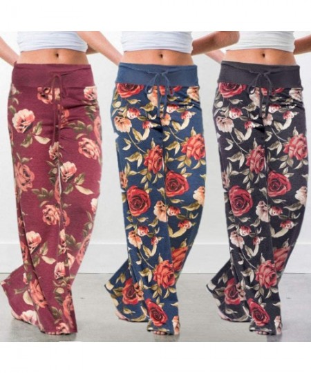 Bottoms Comfy Casual Pajama Pants for Women Floral Print Drawstring Palazzo Lounge Pants Wide Leg Pj Bottoms Pants M blue - C...