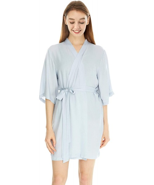 Robes Women's Pure Color Kimono Bathrobe-Short Soft Cotton Bridesmaid Robes - Light Sky Blue - CV194KGYQUL