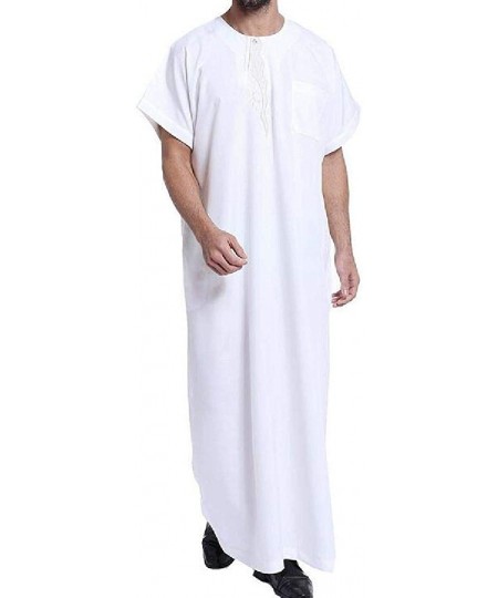 Robes Men's Short Sleeve Robe Crew Neck Arab Embroidery Muslim Islamic Gown Shirt - White - C919DXU6637