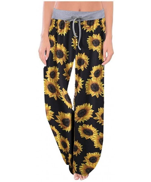 Bottoms Women's Comfy Casual Pajama Pants Floral Print Drawstring Palazzo Lounge Pants Wide Leg Pant - Yellow-1 - CN1940CHZML
