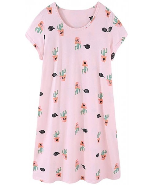 Nightgowns & Sleepshirts Women Cotton Nightgown Casual Print Sleep Dress Shirt Tee Short Sleeve Sleepwear - Cactus - CR198OMM933