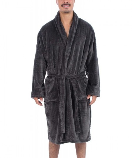 Robes Men's Soft Lightweight Plush Micro Fleece Bathrobe with Front Pockets - Grey Cable - CB18XHHSK92