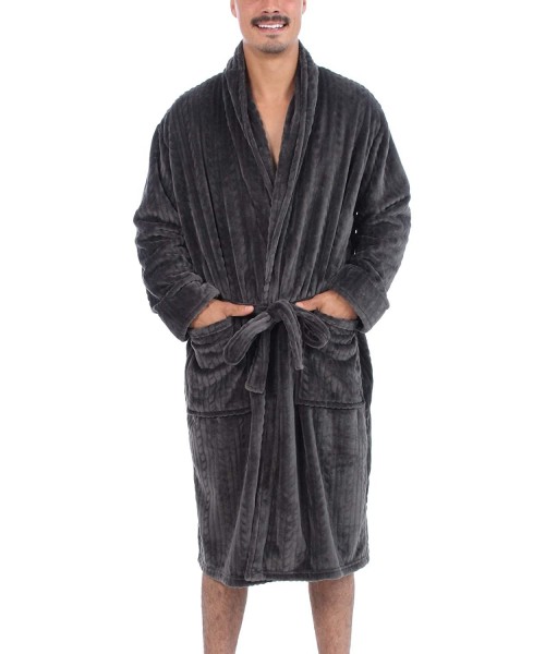 Robes Men's Soft Lightweight Plush Micro Fleece Bathrobe with Front Pockets - Grey Cable - CB18XHHSK92