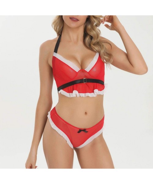 Bras Christmas Lingerie for Women Plus Size Bandage Halter Bra Bow Red Underwear Set - Red - CE18ZQYCE2L