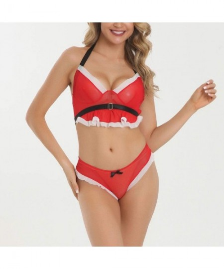 Bras Christmas Lingerie for Women Plus Size Bandage Halter Bra Bow Red Underwear Set - Red - CE18ZQYCE2L