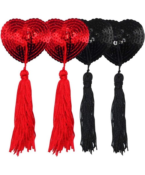 Accessories Silicone Sequin Nipple Cover Bra with Tassel Adhesive Heart Pasties Shiny Reusable Bra - Black+red - CJ18ANHIW44