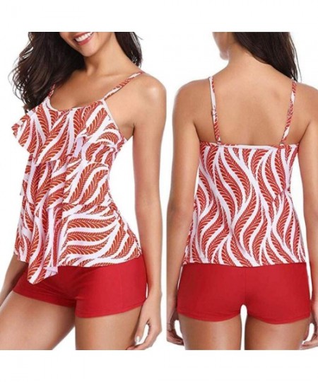 Bras Women 2 Piece Flounce Printed Swimwear-Tankini with Boyshorts Tummy Control Bikini Set - Red - CW196WAHS4G