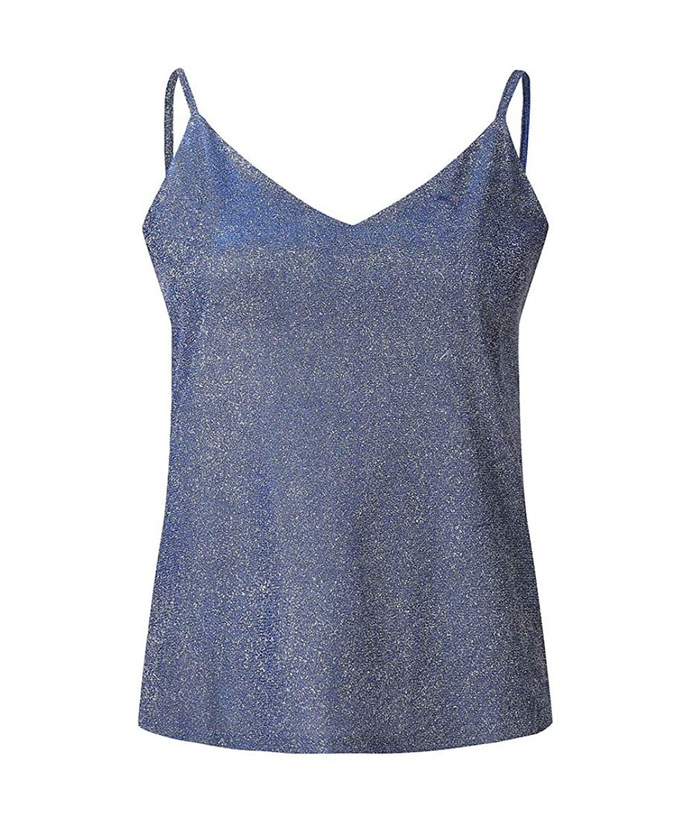 Camisoles & Tanks Glitter Camisole Womens V-Neck Strappy Tank Tops Ladies Solid Color Sparkle Cami Swing Vest Clubwear - Blue...